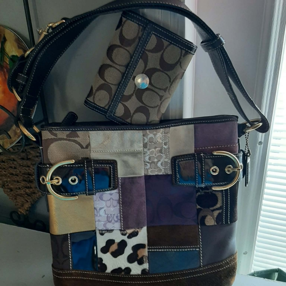 COACH Vintage Y2K Rare Holiday Patchwork Shoulder Bag + Matching Wallet Set